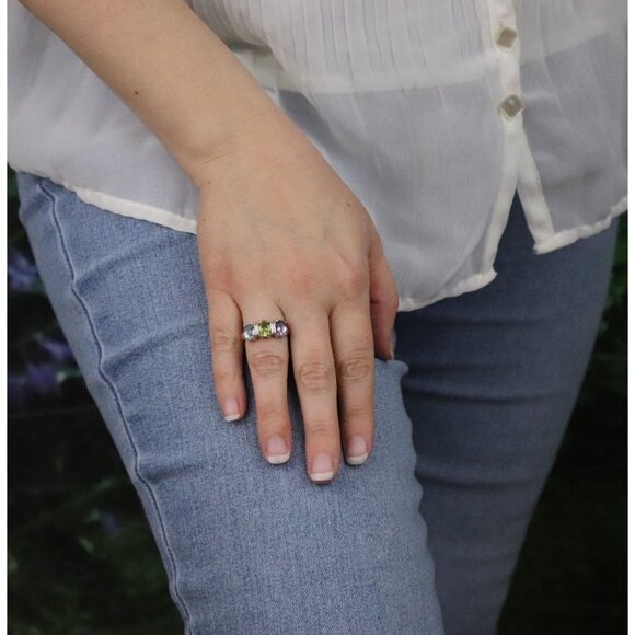 Sterling Silver Natural Amethyst, Peridot, Blue Topaz Ring Band Size 8 - Picture 4 of 8